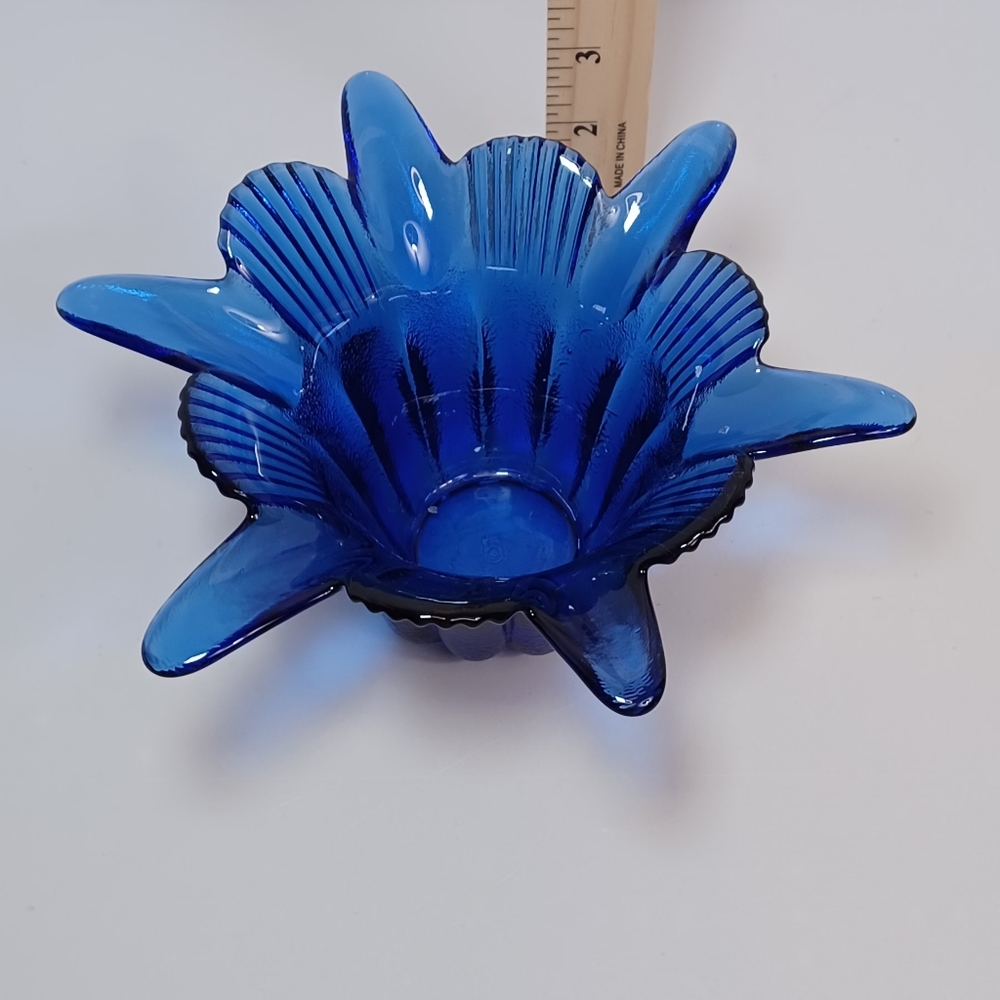 Cobalt Blue Textured Flower Shaped Glass Decorative Bowl Candleholder #5 - Picture 7 of 7